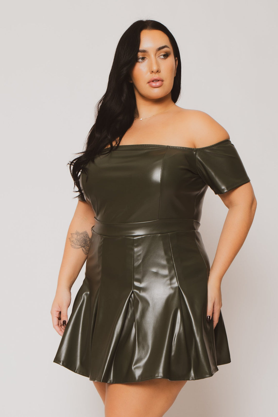 Plus Size Sasha Faux Leather Mini Dress - Olive 3X / Olive at Curvy Sense Plus Size Sasha Faux Leather Mini Dress - Olive 3X / Olive at Curvy Sense
