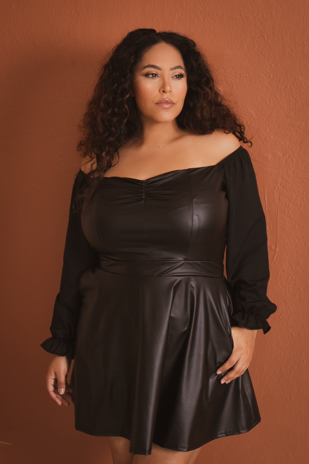 Curvy Sense Dresses Plus Size Scalia Faux Leather Flare  Dress -Black