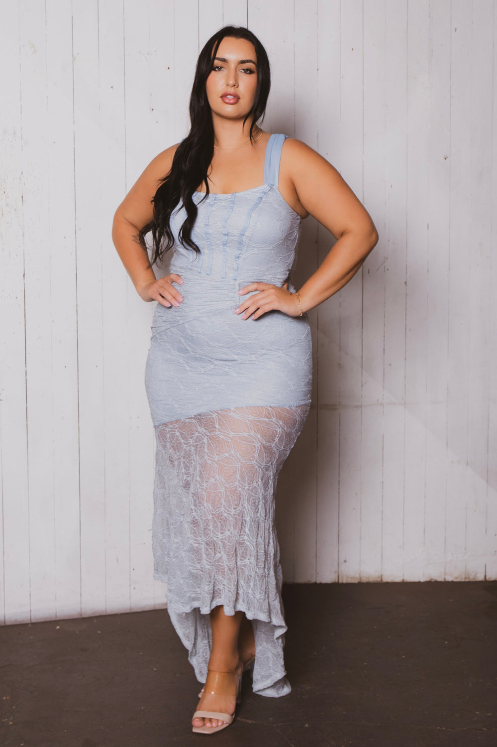Plus Size Serene Bloom Lace Dress- Blue 2X / Blue at Curvy Sense Plus Size Serene Bloom Lace Dress- Blue 2X / Blue at Curvy Sense
