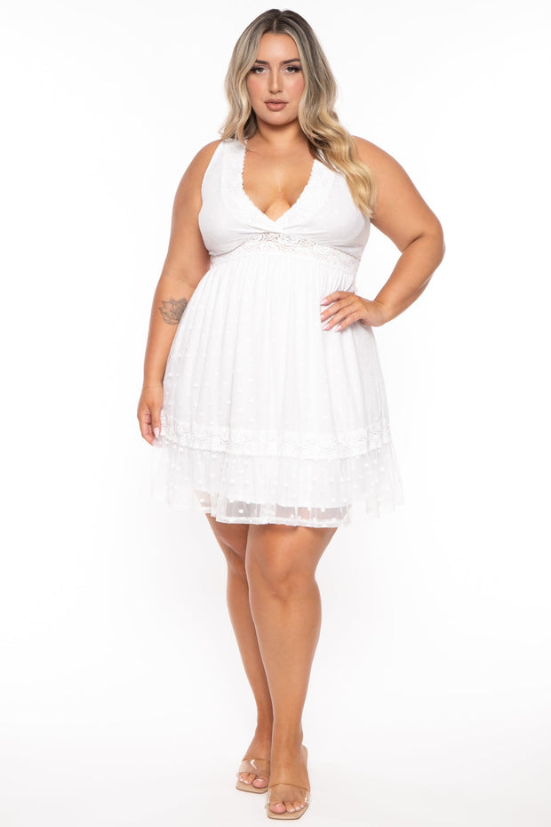 Curvy Sense Dresses 1X / Mauve Plus Size Serien  Dotted Mesh  Dress  - White