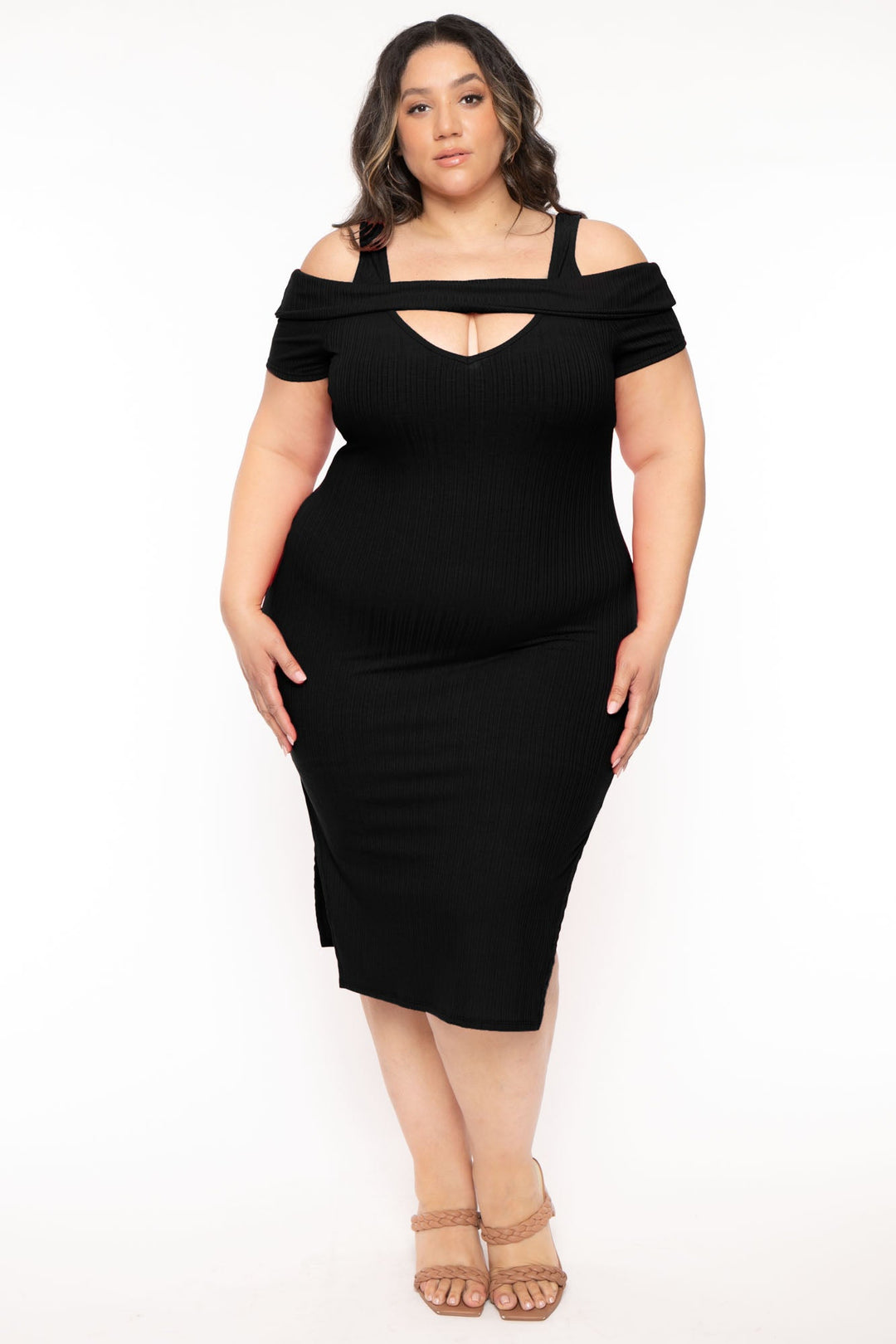 Curvy Sense Dresses Plus Size Shri Cold Shoulder Midi Dress -Black