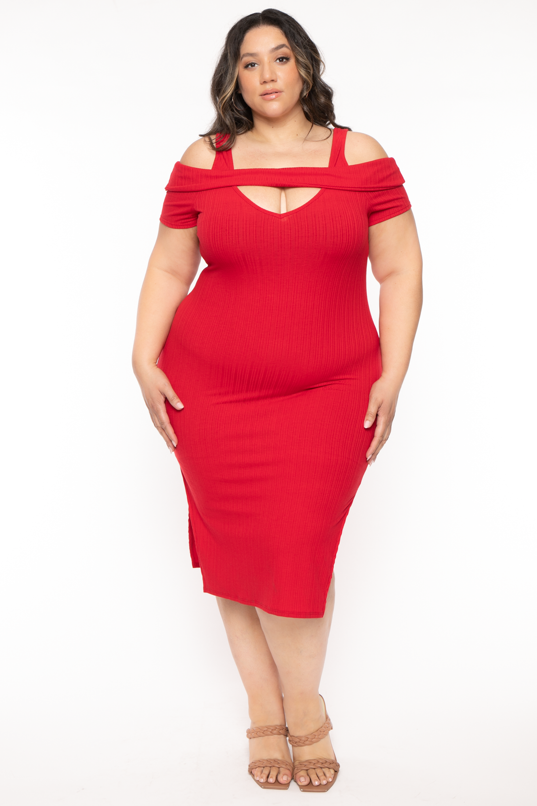 Curvy Sense Dresses 1X / Red Plus Size Shri Cold Shoulder Midi Dress -Red