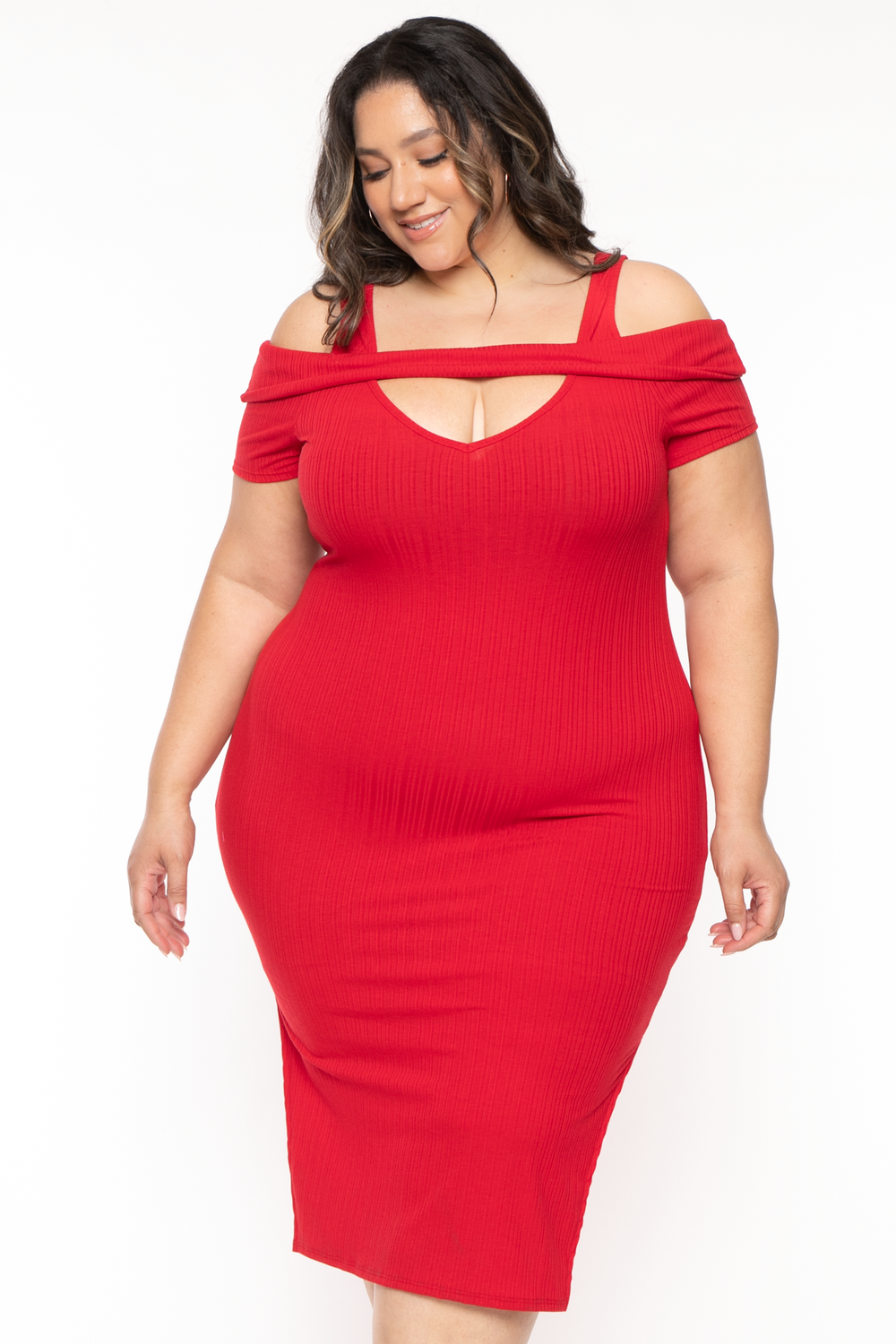 Curvy Sense Dresses Plus Size Shri Cold Shoulder Midi Dress -Red