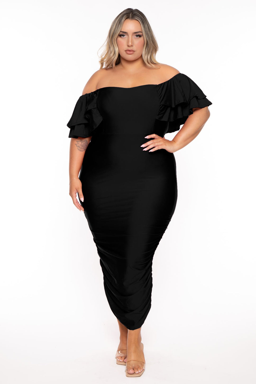 Gibiu Dresses 1X / Black Plus Size Simona Satin Ruffle Midi Dress- Black