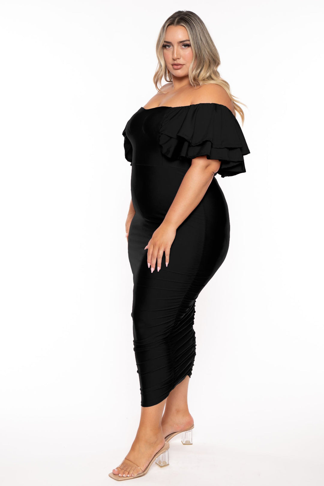 Final Sale Plus Size Sleeveless Sheer Ruffle Midi Dress in Black