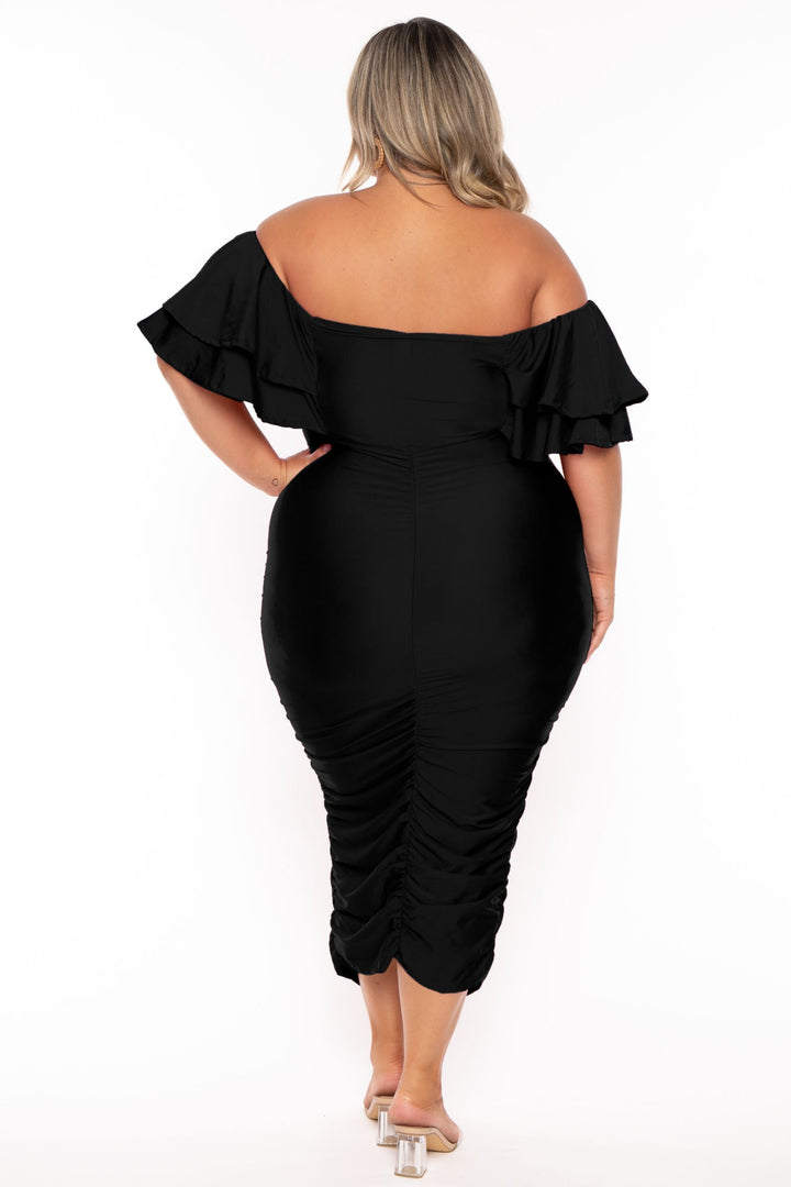 Gibiu Dresses Plus Size Simona Satin Ruffle Midi Dress- Black