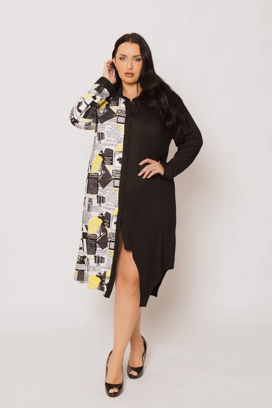 H & H FASHION Dresses Plus Size Sloane City Print Dress- Black/Yellow