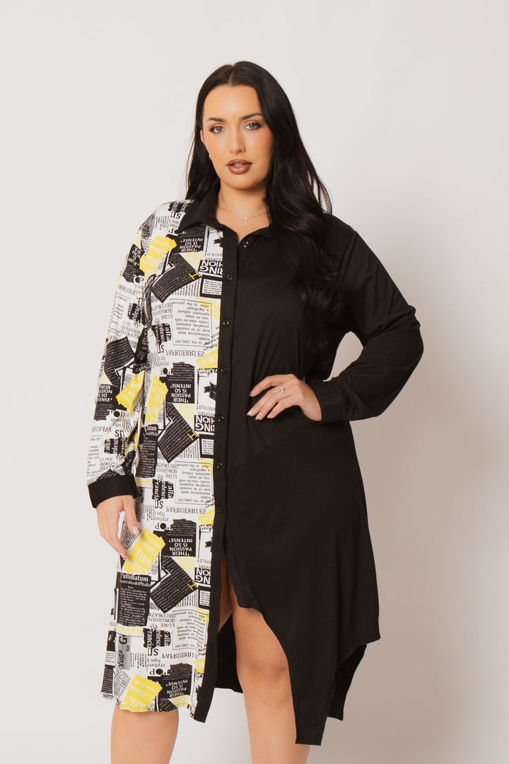 H & H FASHION Dresses Plus Size Sloane City Print Dress- Black/Yellow