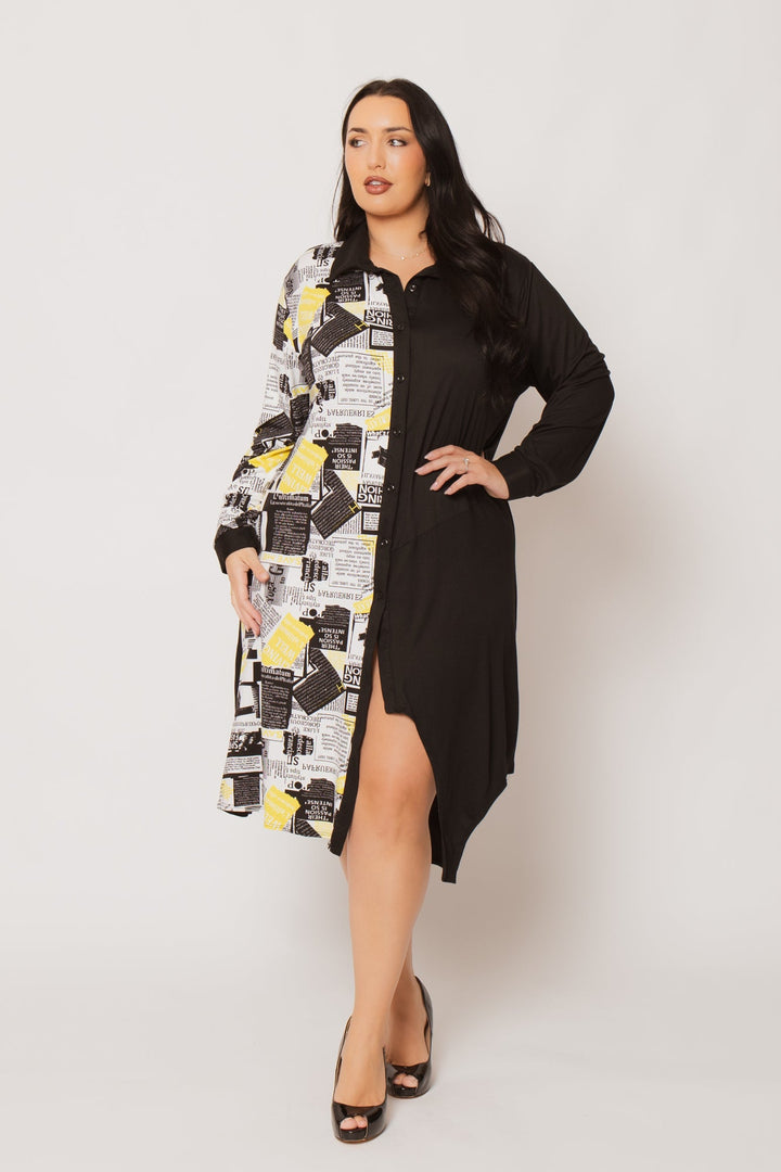 H & H FASHION Dresses Plus Size Sloane City Print Dress- Black/Yellow