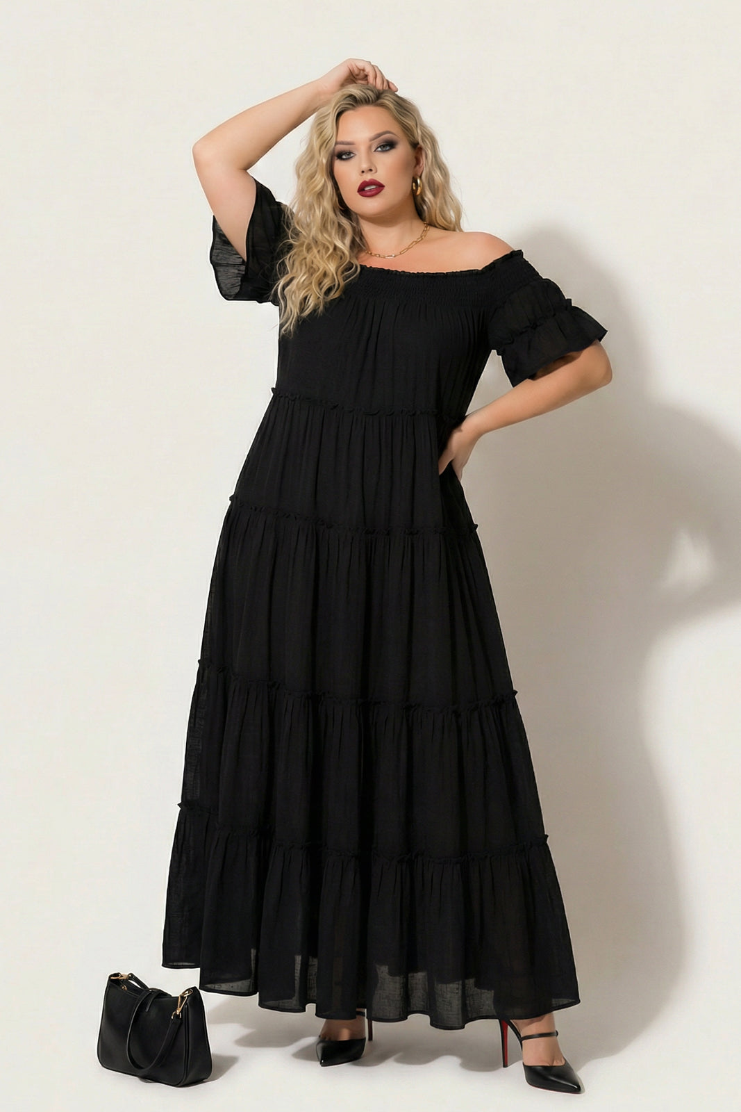 Sweet Lovely Dresses Plus Size Smocked Midi Dress - Black