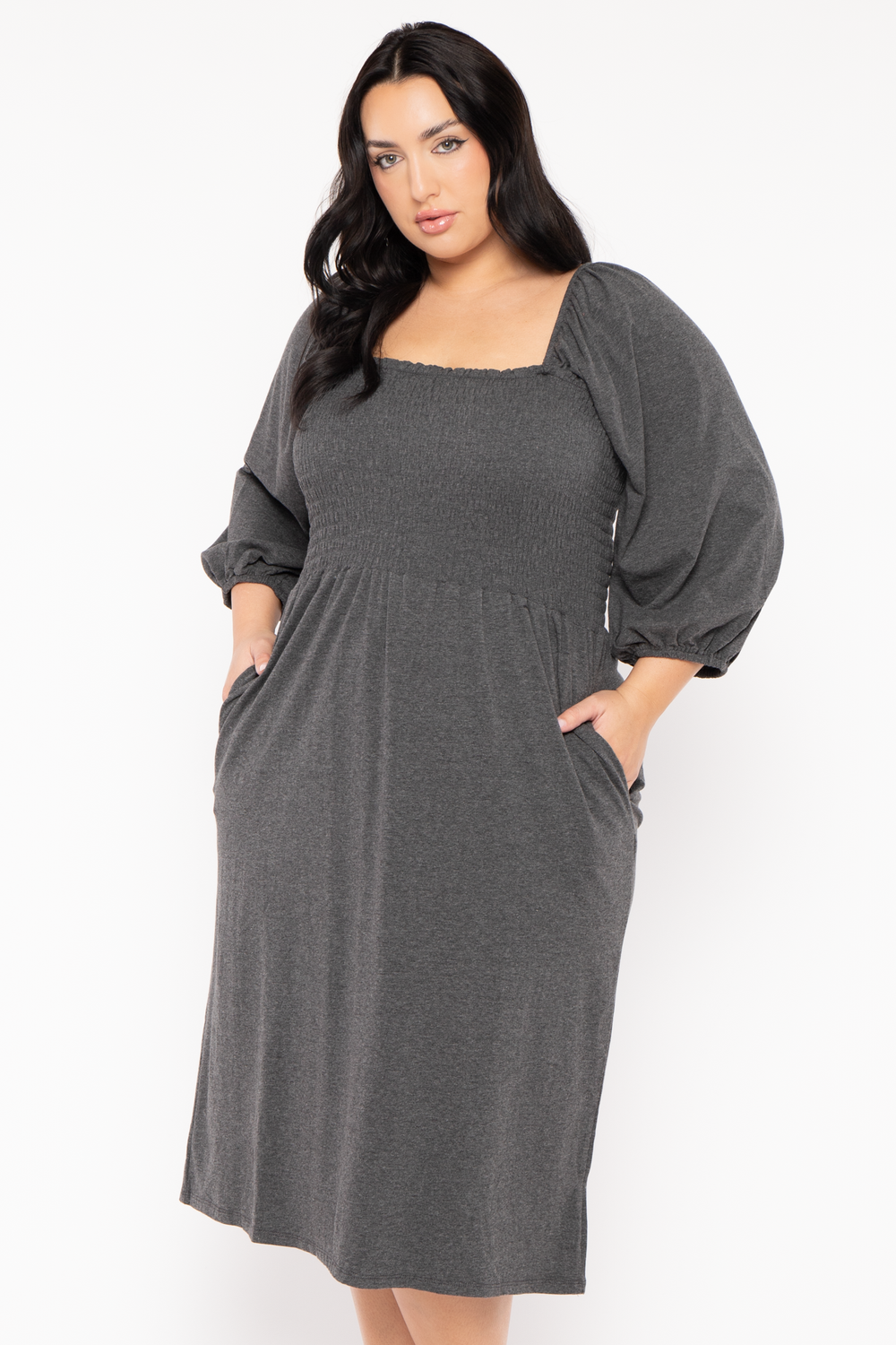 CULTURE CODE Dresses Plus Size Sonia Smocked  Dress -Charcoal