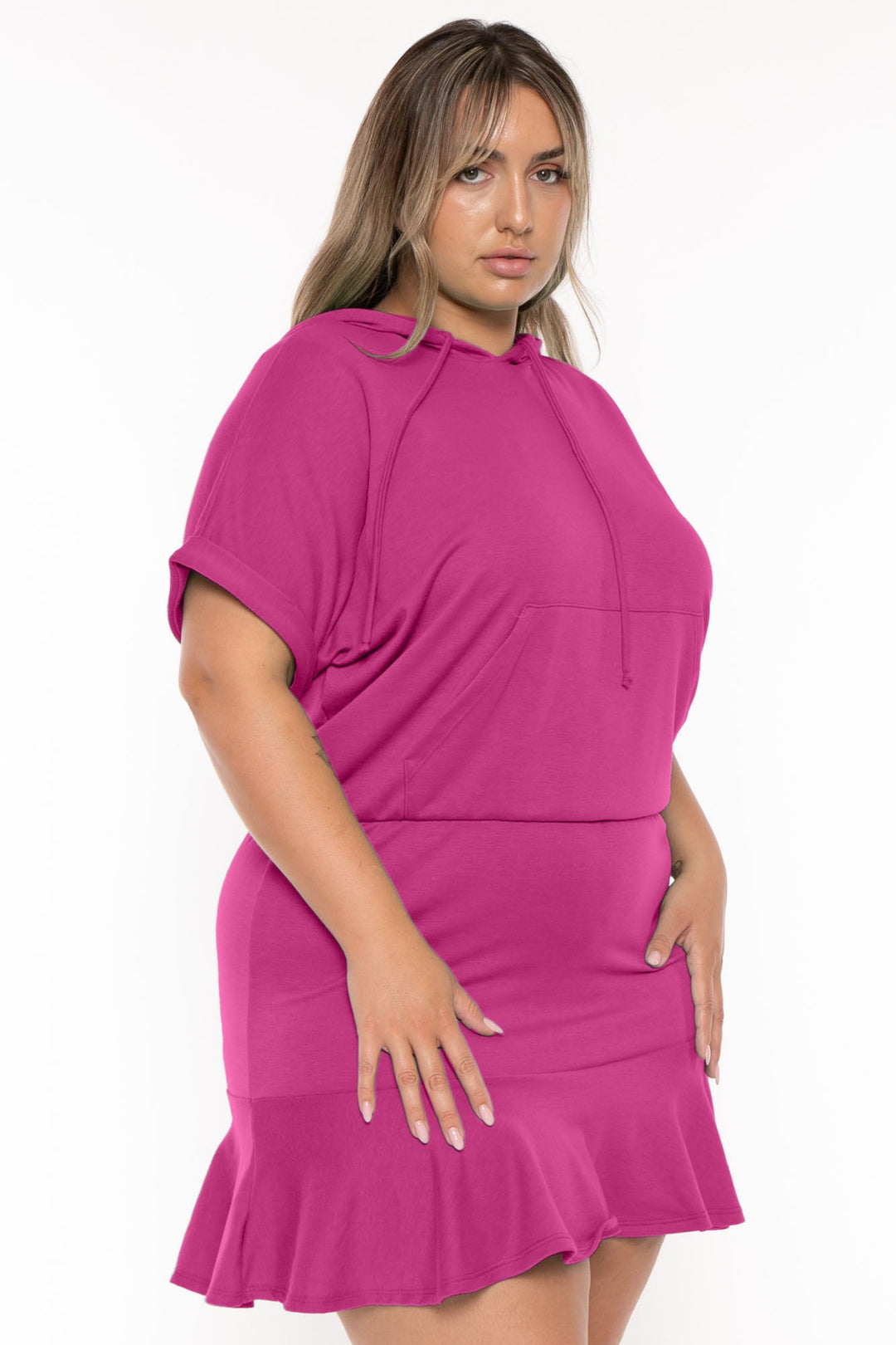 Curvy Sense Dresses Plus Size Stacie Hoodie  Mini  Dress - Fuchsia