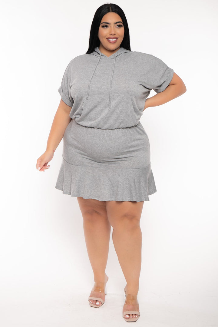 Curvy Sense Dresses Plus Size Stacie Hoodie  Mini  Dress - Heather Grey