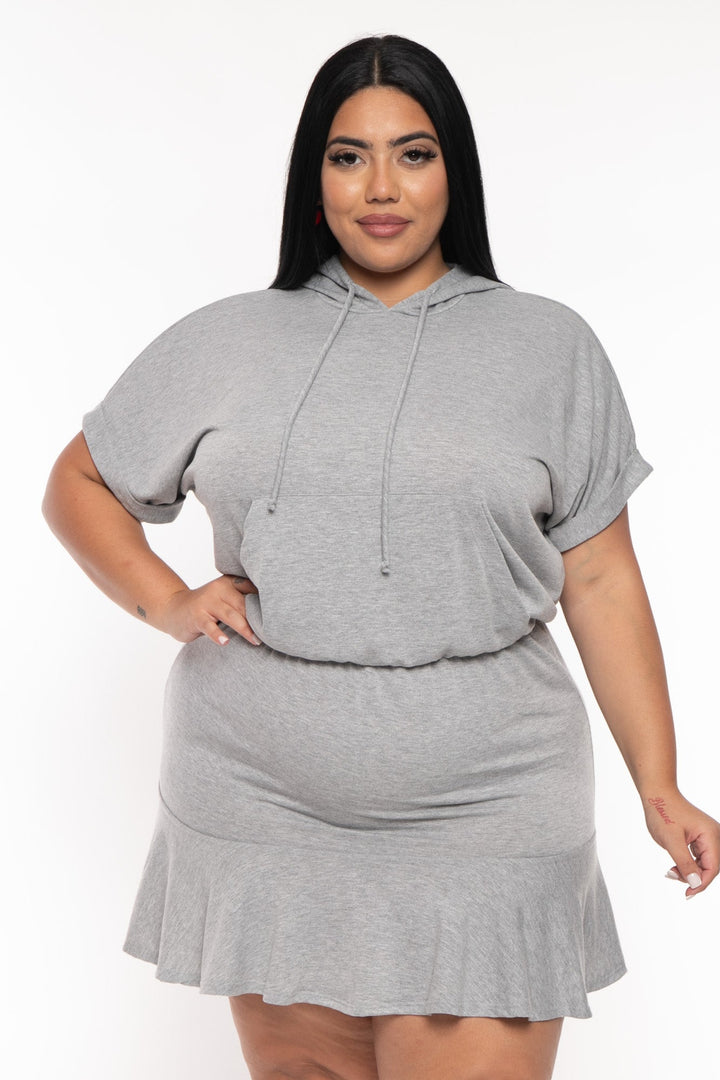 Curvy Sense Dresses Plus Size Stacie Hoodie  Mini  Dress - Heather Grey