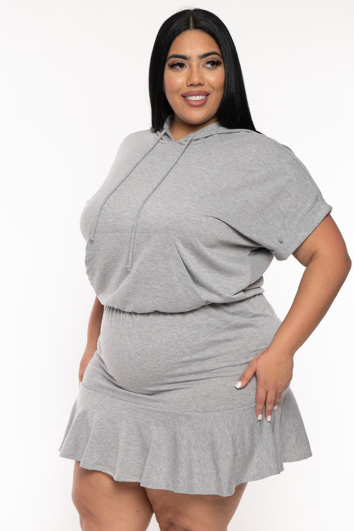 Curvy Sense Dresses Plus Size Stacie Hoodie  Mini  Dress - Heather Grey