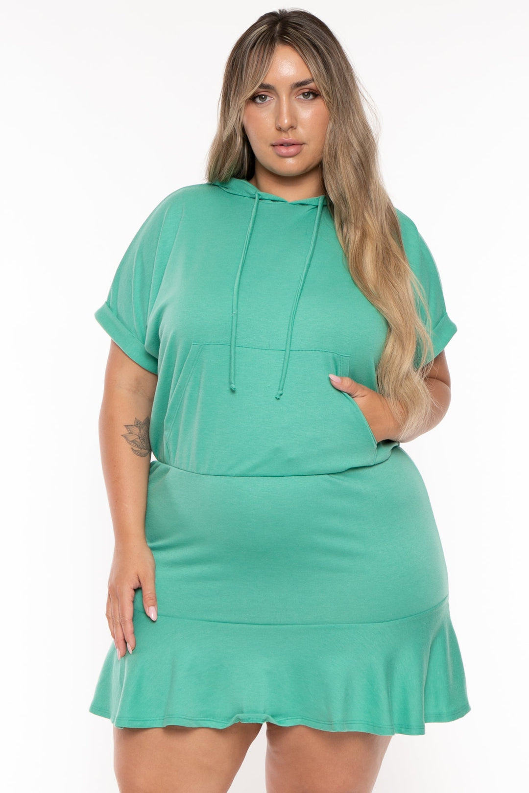 Curvy Sense Dresses Plus Size Stacie Hoodie  Mini  Dress - Jade