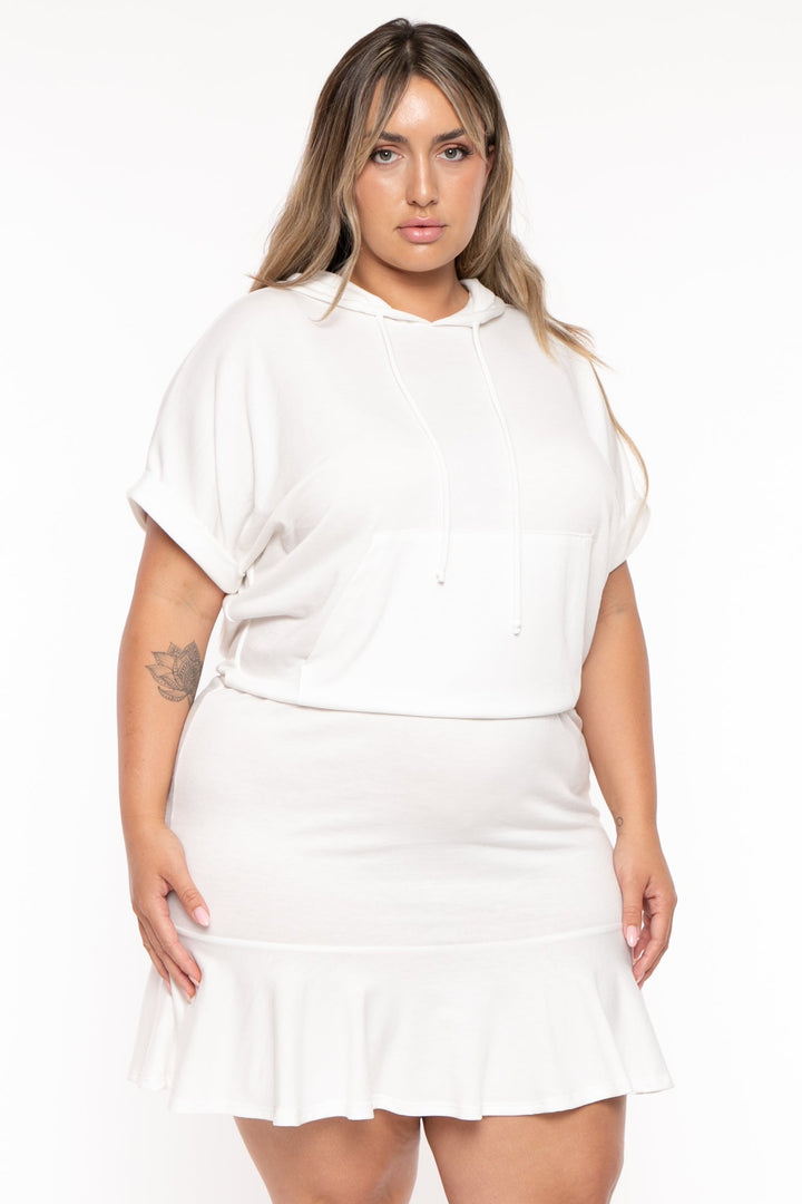 Curvy Sense Dresses Plus Size Stacie Hoodie  Mini  Dress - White