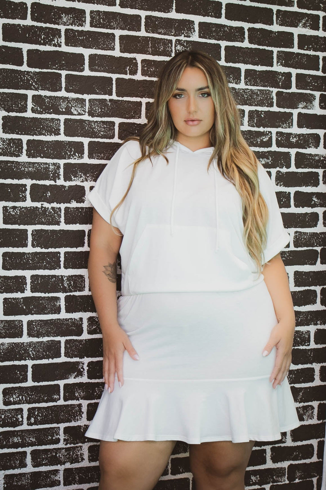 Curvy Sense Dresses Plus Size Stacie Hoodie  Mini  Dress - White