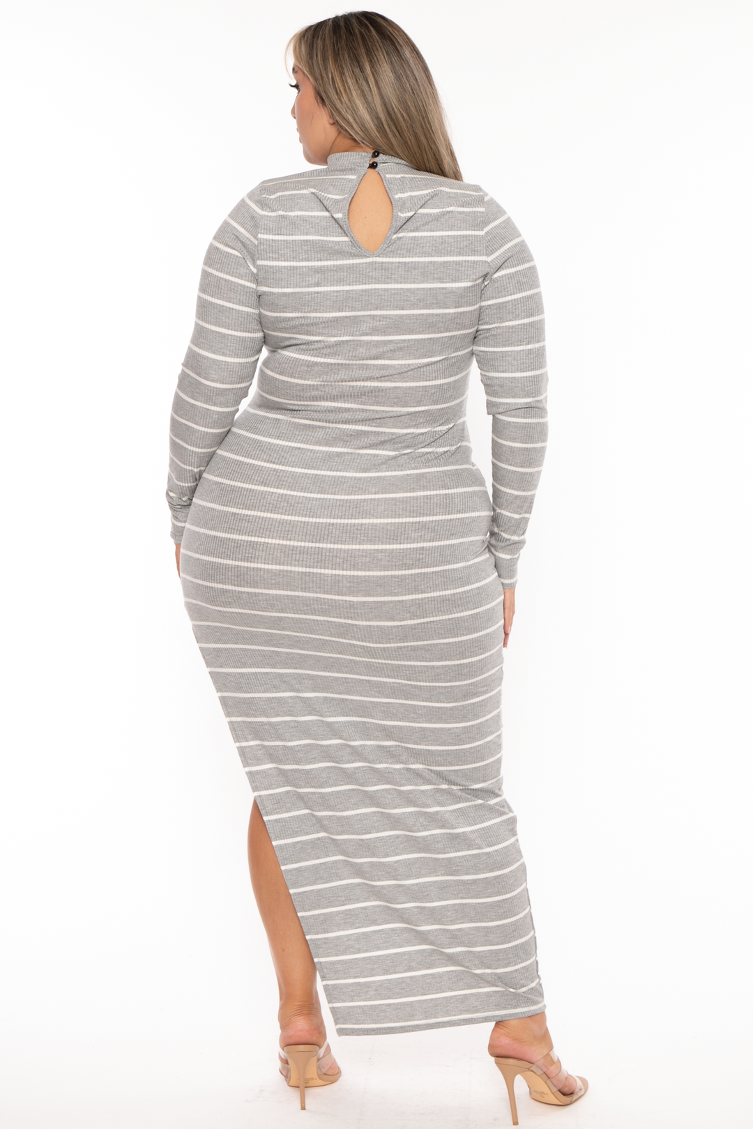 Curvy Sense Dresses Plus Size Striped Ribbed  Maxi Dress - Grey