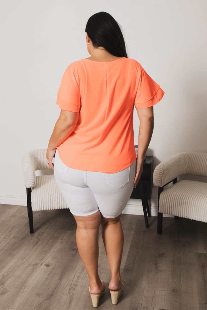 Moa Collection Dresses Plus Size Sunset Breeze Flutter Sleeve Top - Coral