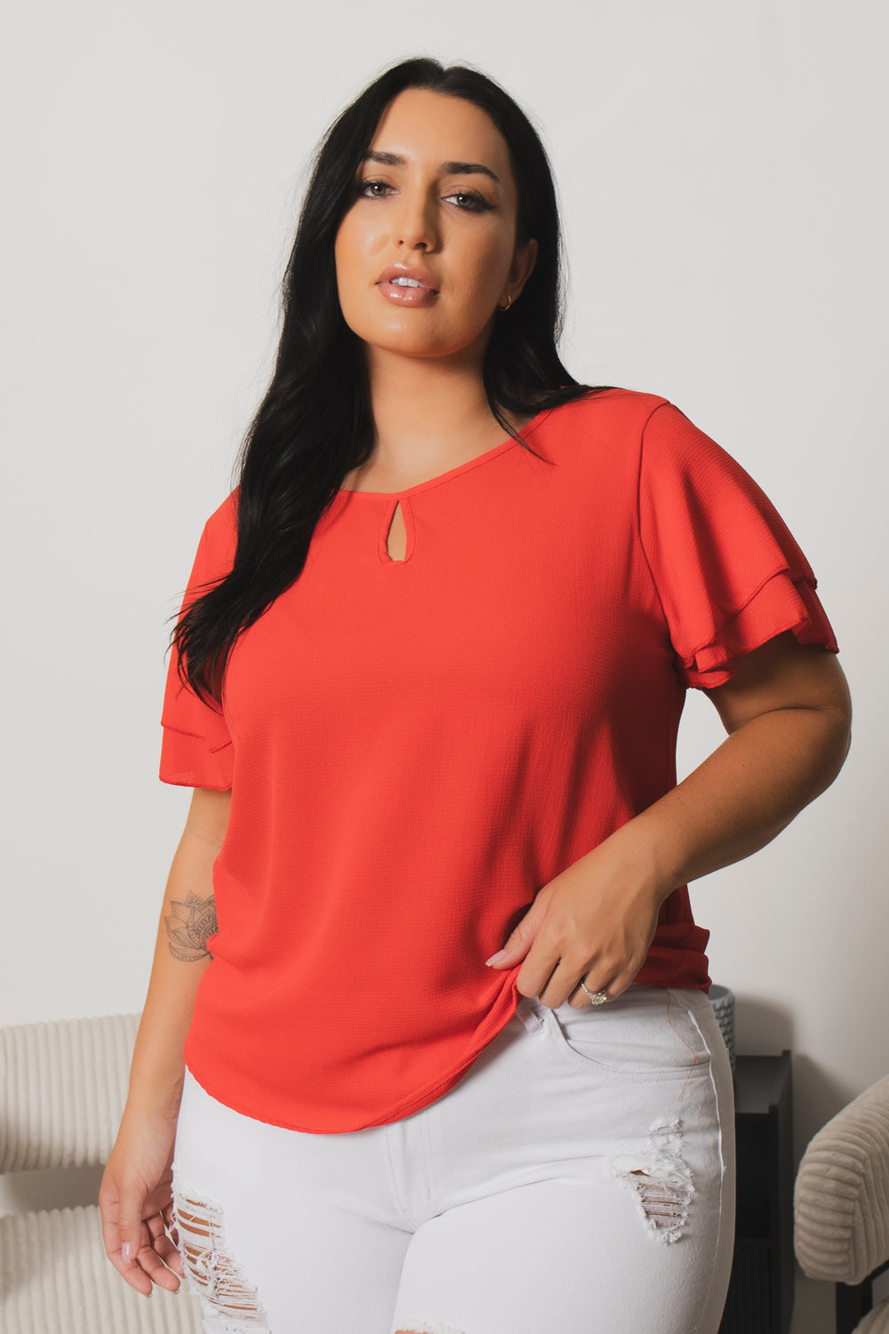 Moa Collection Dresses Plus Size Sunset Breeze Flutter Sleeve Top - Red