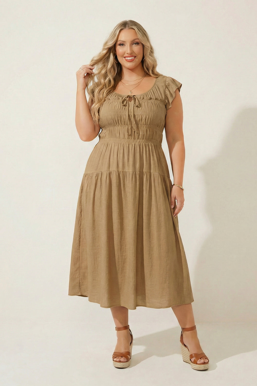 Plus Size Sunset Muse Midi Dress - Khaki 2X / Khaki at Curvy Sense Plus Size Sunset Muse Midi Dress - Khaki 2X / Khaki at Curvy Sense