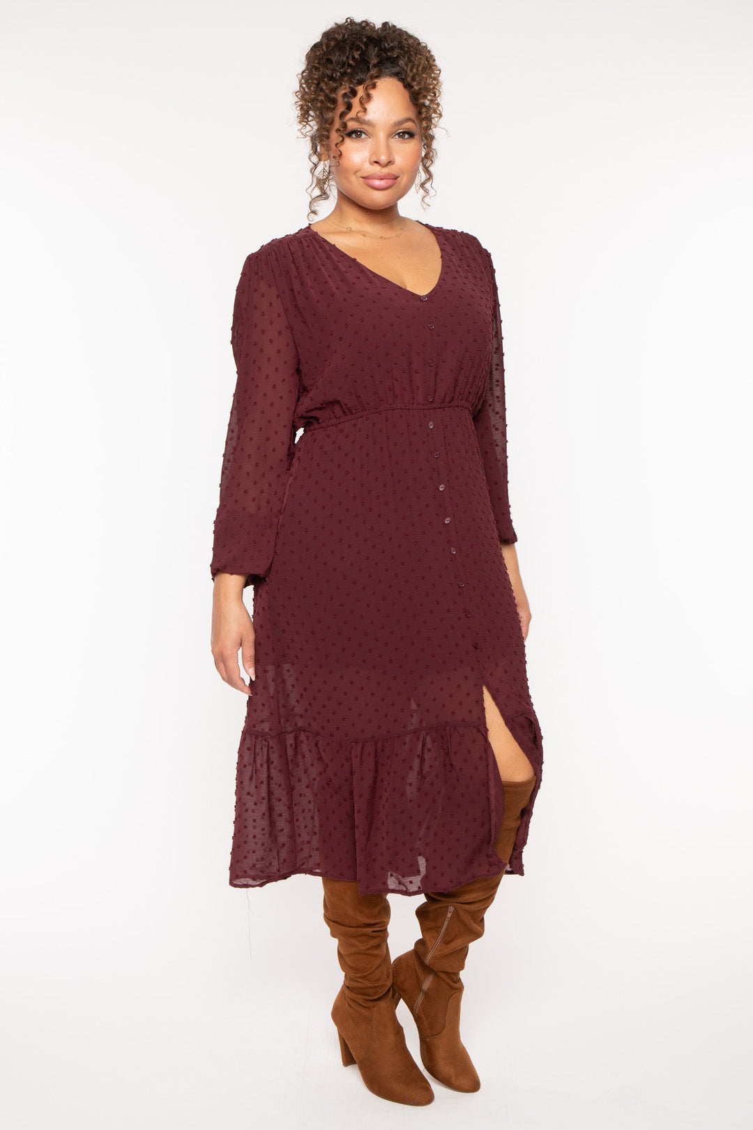 Plus Size Swiss Dot Bohemia Dress - Burgundy 1X / Burgundy at Curvy Sense Plus Size Swiss Dot Bohemia Dress - Burgundy 1X / Burgundy at Curvy Sense