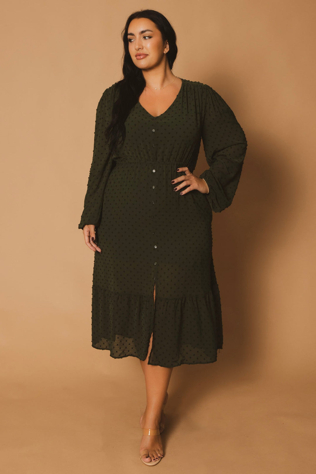 Plus Size Swiss Dot Bohemia Dress - Olive 2X / Olive at Curvy Sense Plus Size Swiss Dot Bohemia Dress - Olive 2X / Olive at Curvy Sense