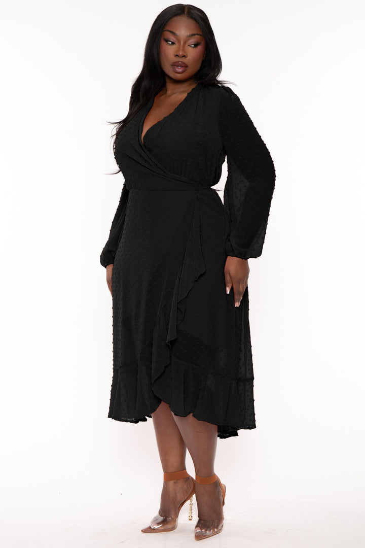CULTURE CODE Dresses Plus Size Swiss Dot Wrap  Ruffle Dress - Black