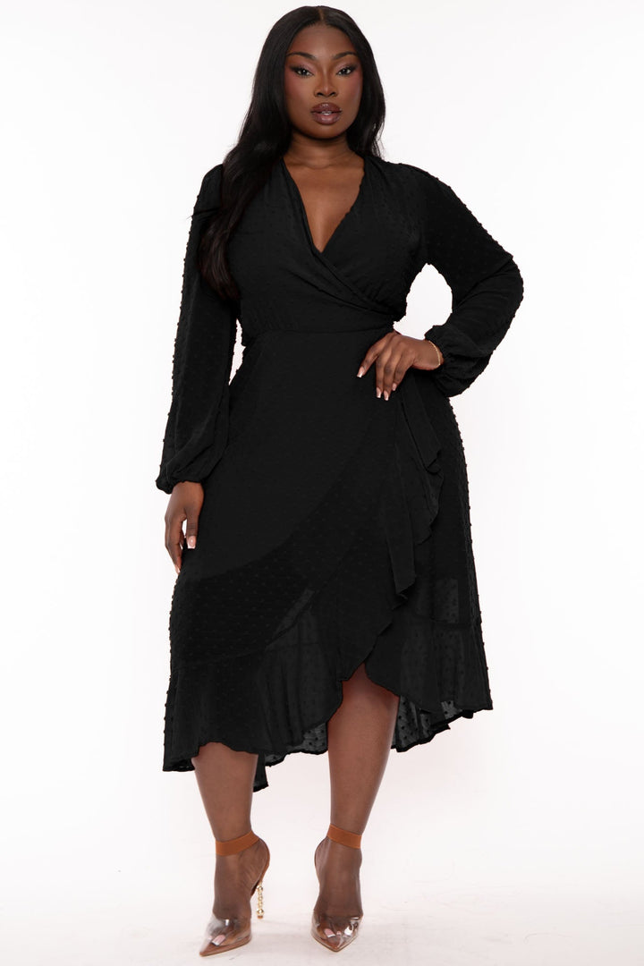 CULTURE CODE Dresses 1X / Black Plus Size Swiss Dot Wrap  Ruffle Dress - Black