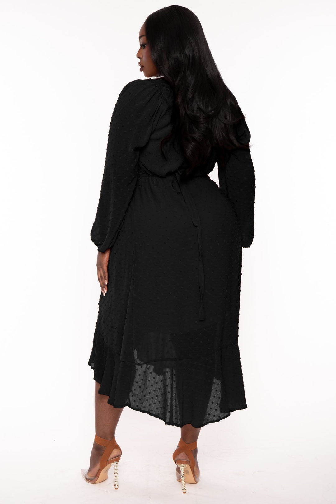 CULTURE CODE Dresses Plus Size Swiss Dot Wrap  Ruffle Dress - Black