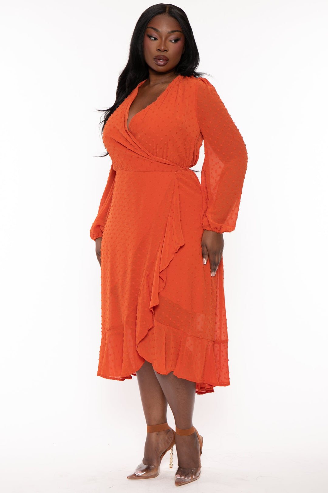 CULTURE CODE Dresses Plus Size Swiss Dot Wrap  Ruffle Dress - Rust