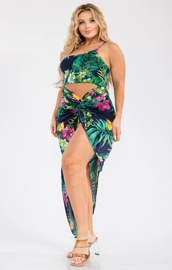 Gibiu Dresses Plus Size Tahiti Tropical Print Maxi Dress - Navy