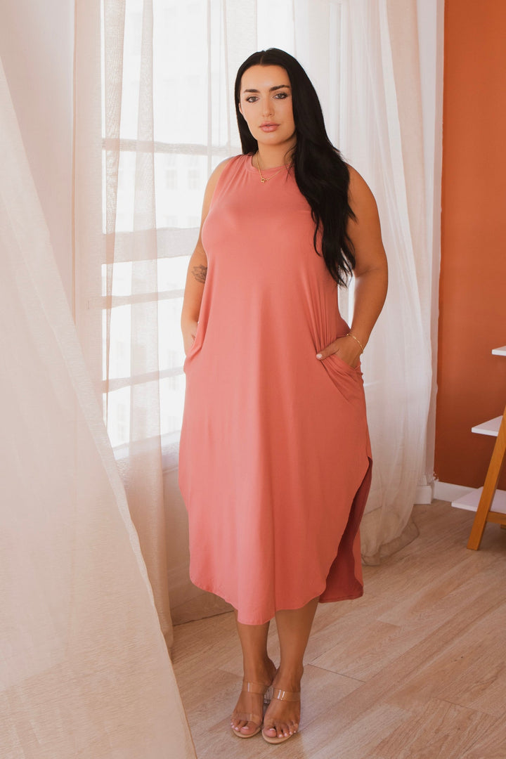 Zenana Dresses Plus Size Tank Maxi T-Shirt Dress - Ash Rose