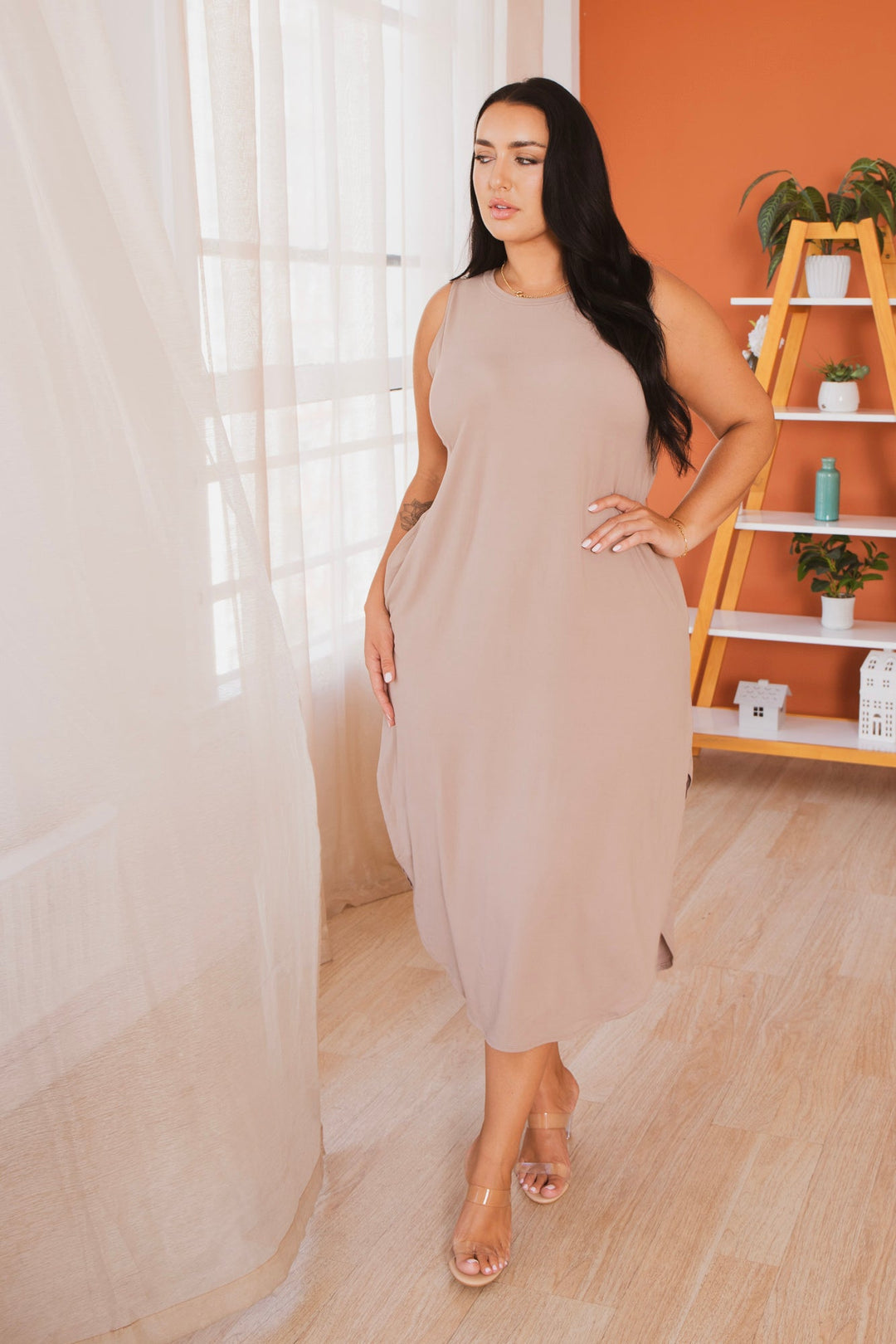 Zenana Dresses Plus Size Tank Maxi T-Shirt Dress - Mocha
