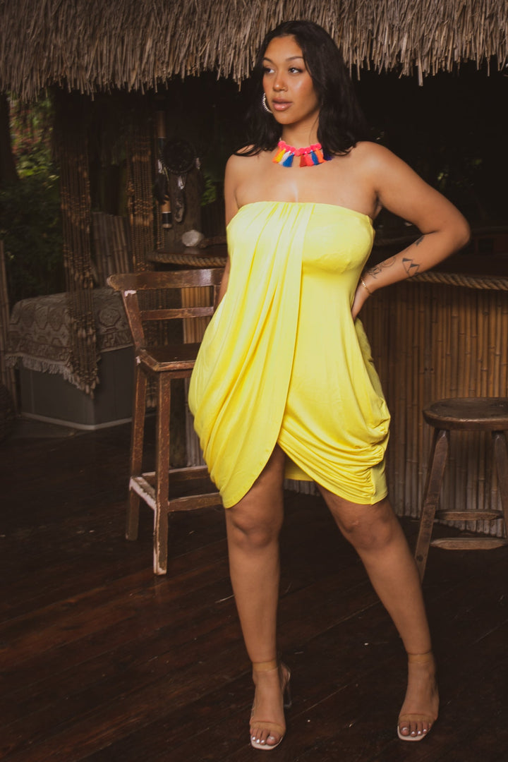 Qwasabee Dresses 1X / Yellow Plus Size Tanya Draped Tube Mini  Dress -Yellow