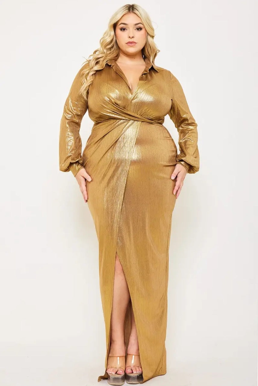 SYMPHONY Dresses Plus Size Teaira Metallic Maxi  Dress- Gold