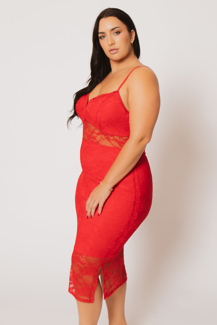 Curvy Sense Dresses Plus Size Temptation Lace Midi Dress - Red
