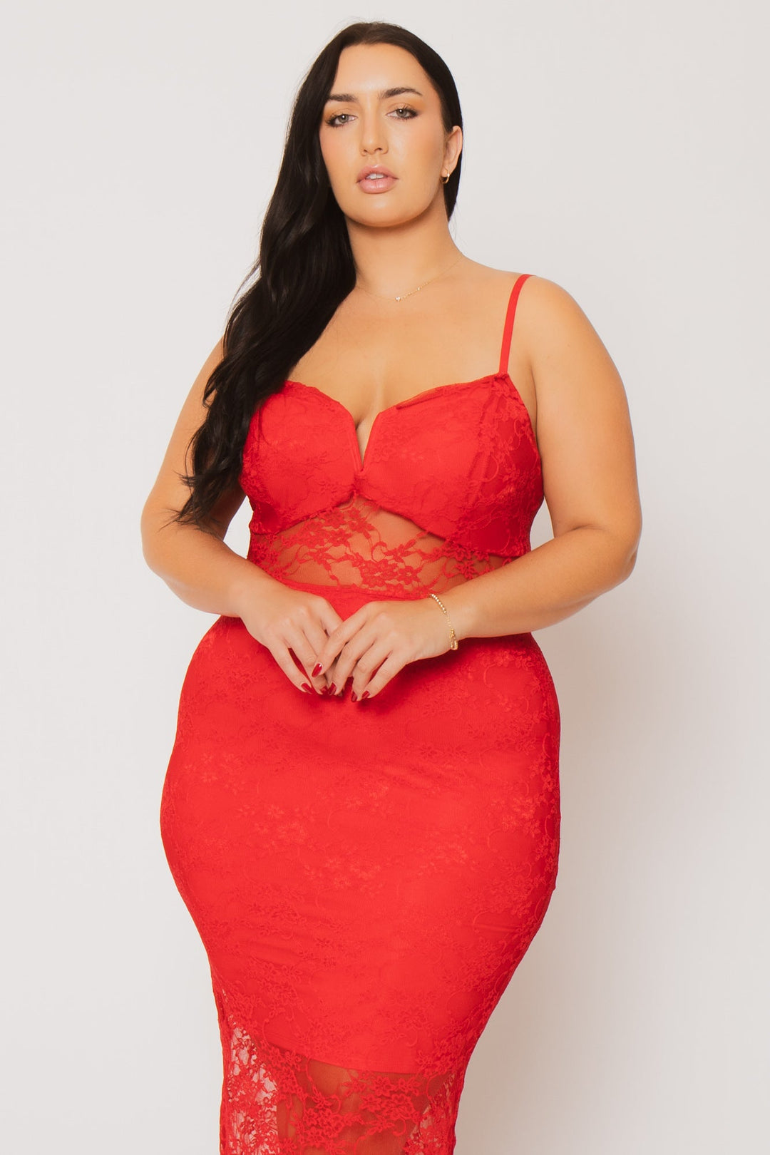 Curvy Sense Dresses Plus Size Temptation Lace Midi Dress - Red
