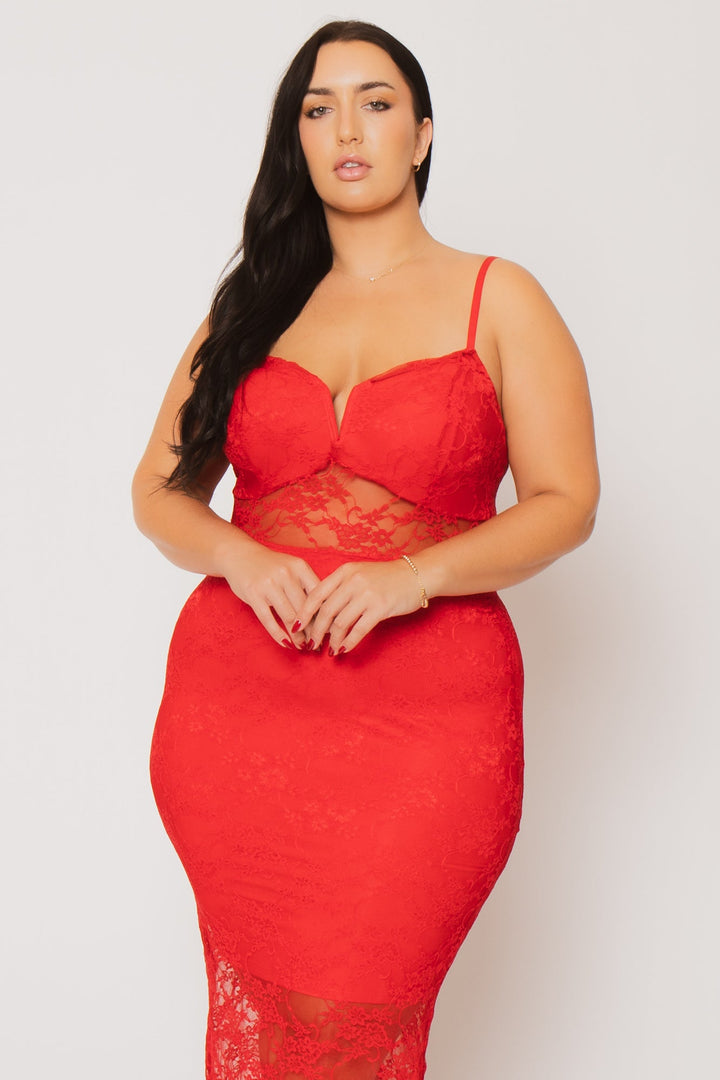 Curvy Sense Dresses Plus Size Temptation Lace Midi Dress - Red