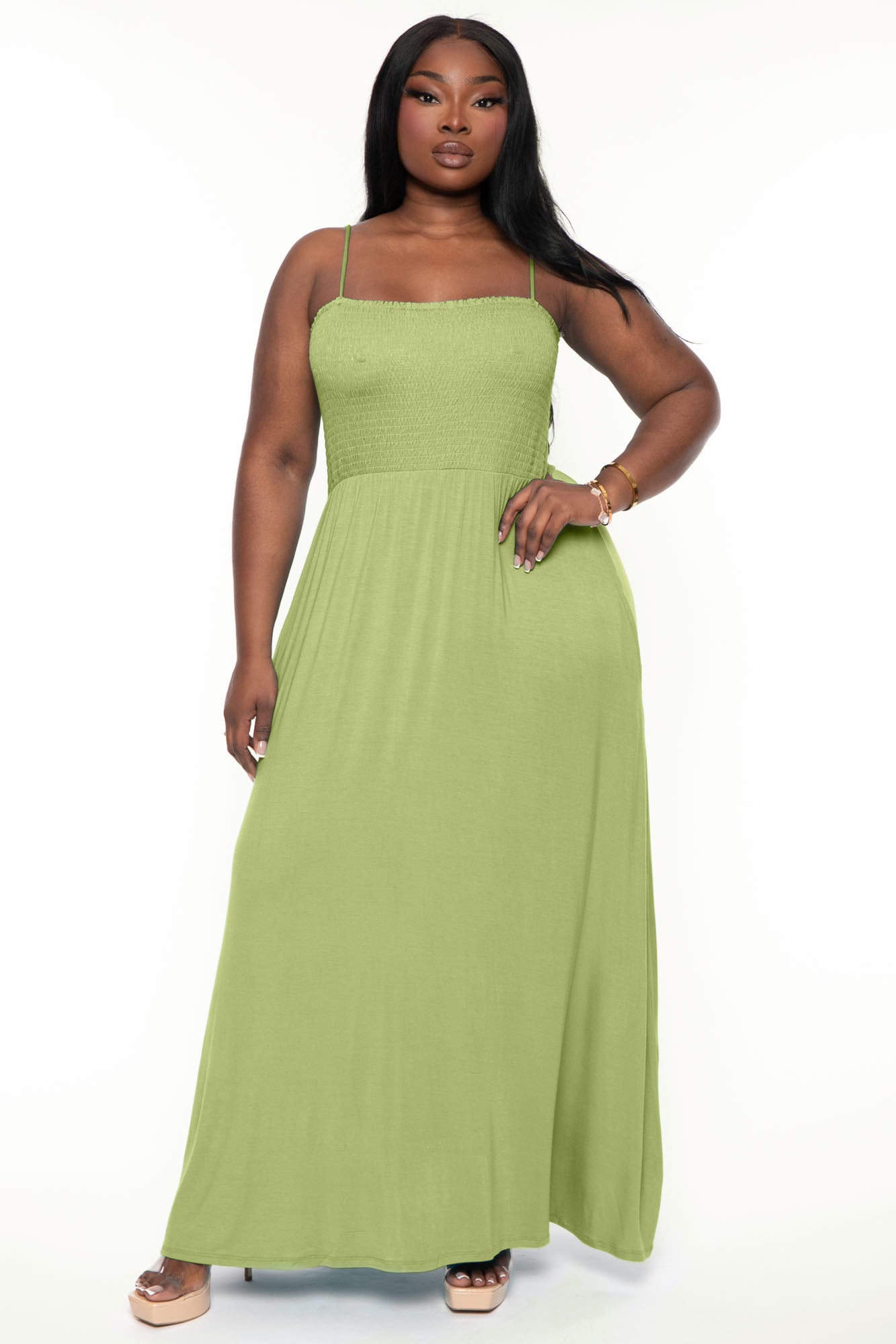 Women's Plus Size Terri Smocked Maxi Dress - Olive - Curvy Sense