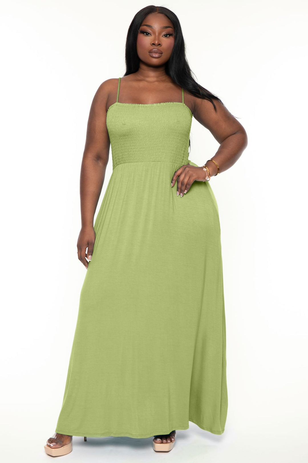 L LOVE INC Dresses 1X / Olive Plus Size Terri Smocked Maxi Dress  - Oliver