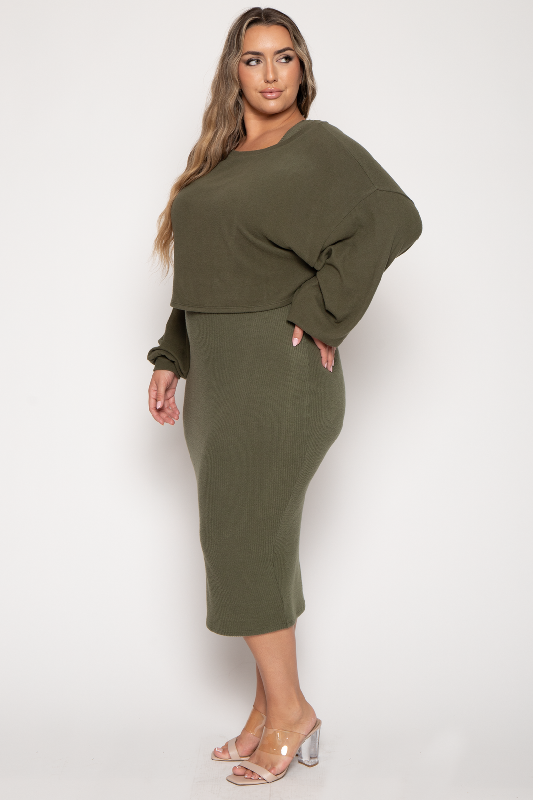 Curvy Sense Dresses Plus Size Tess Sweater Midi  Dress - Olive