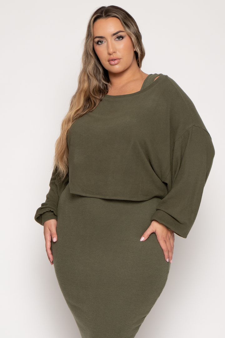 Curvy Sense Dresses Plus Size Tess Sweater Midi  Dress - Olive