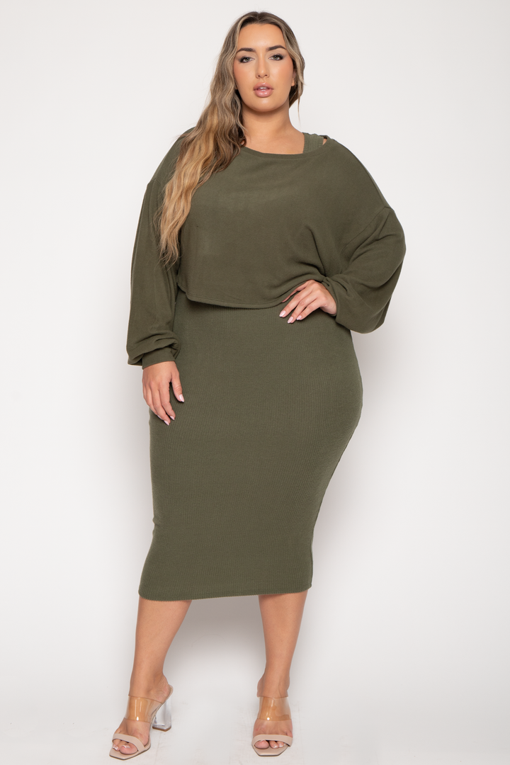 Curvy Sense Dresses Plus Size Tess Sweater Midi  Dress - Olive