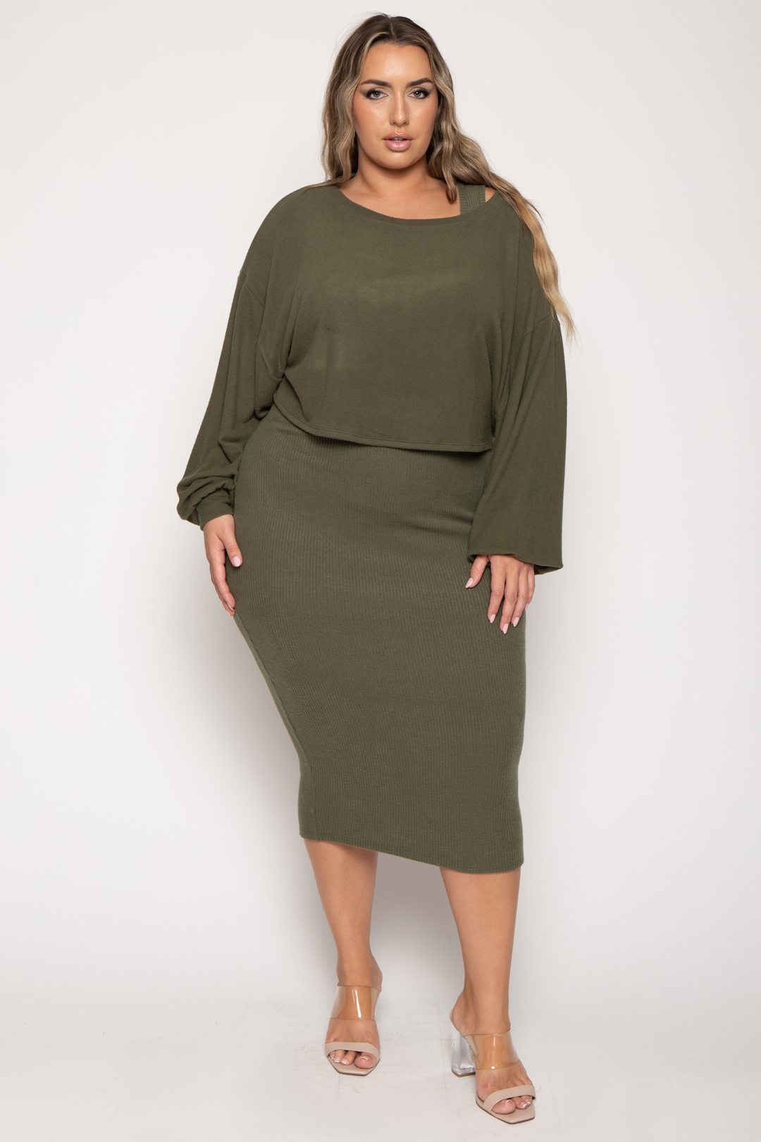 Curvy Sense Dresses Plus Size Tess Sweater Midi  Dress - Olive