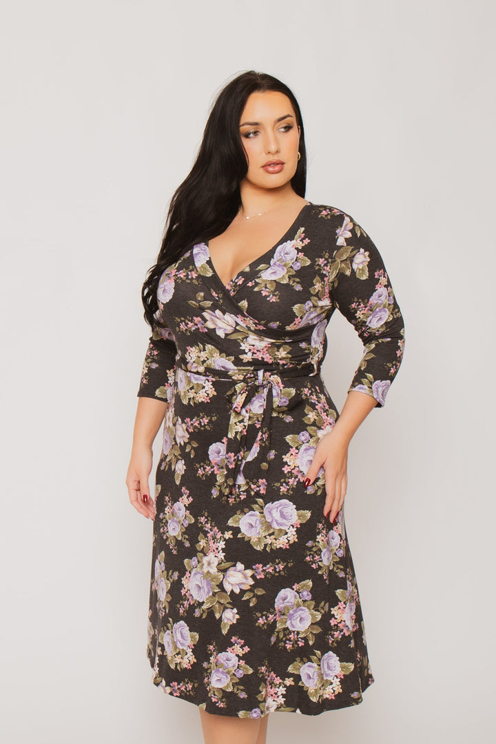Moa Collection Dresses Plus Size  Tessa Knit Floral Dress- Black