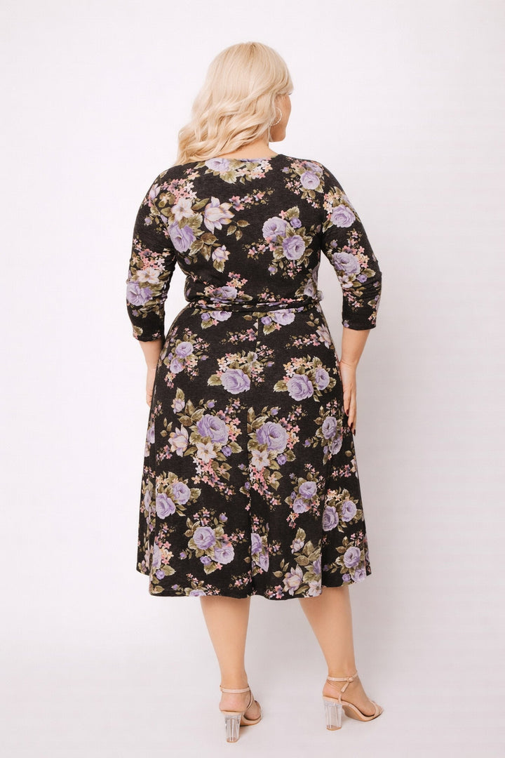 Moa Collection Dresses Plus Size  Tessa Knit Floral Dress- Black