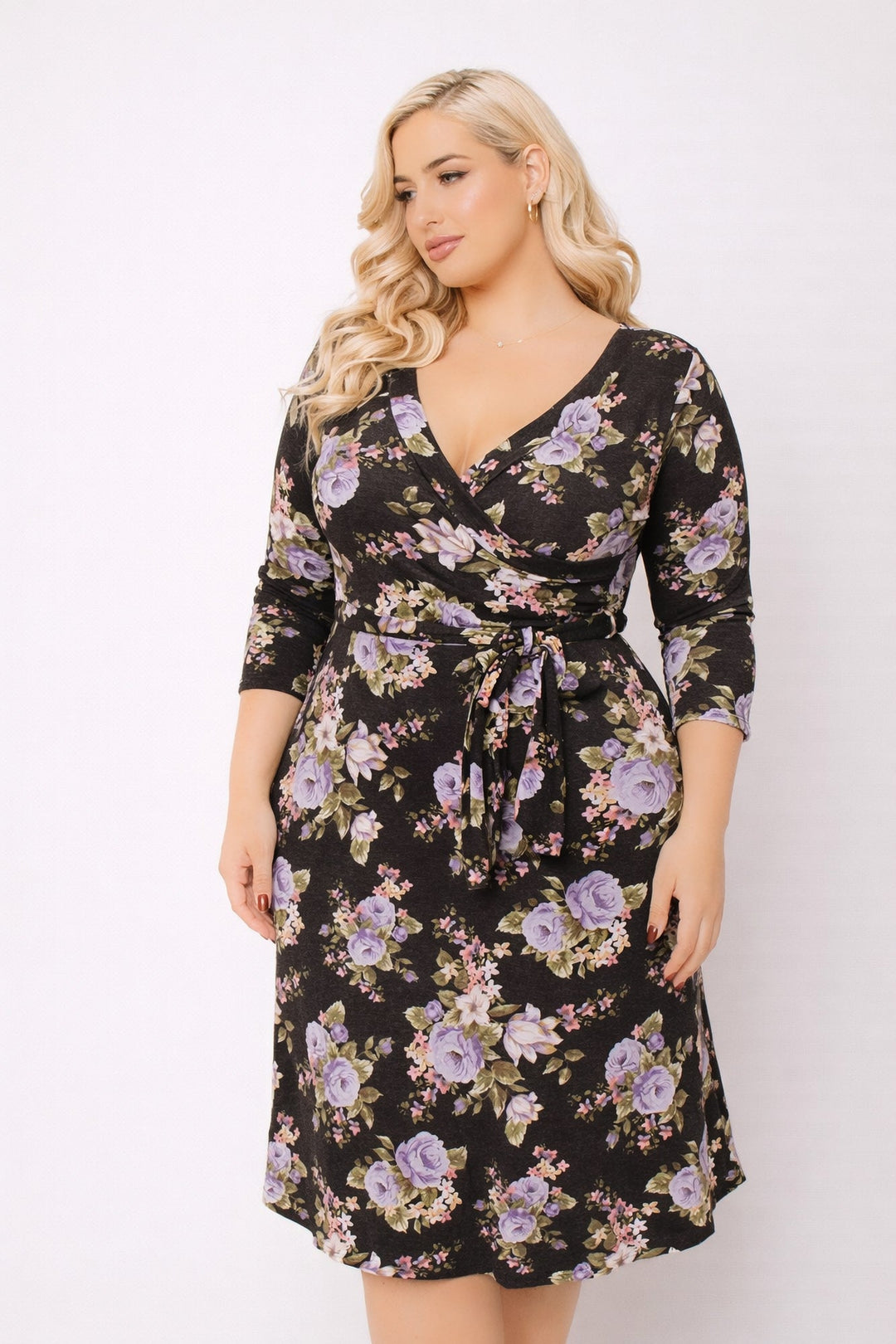 Moa Collection Dresses Plus Size  Tessa Knit Floral Dress- Black