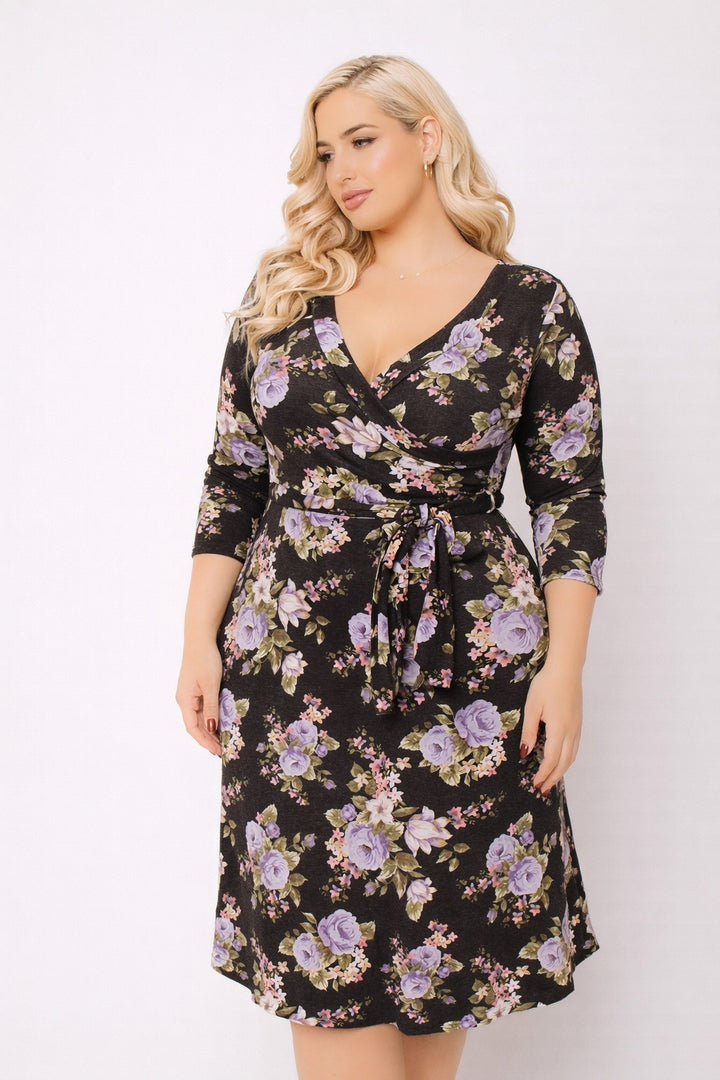 Moa Collection Dresses Plus Size  Tessa Knit Floral Dress- Black